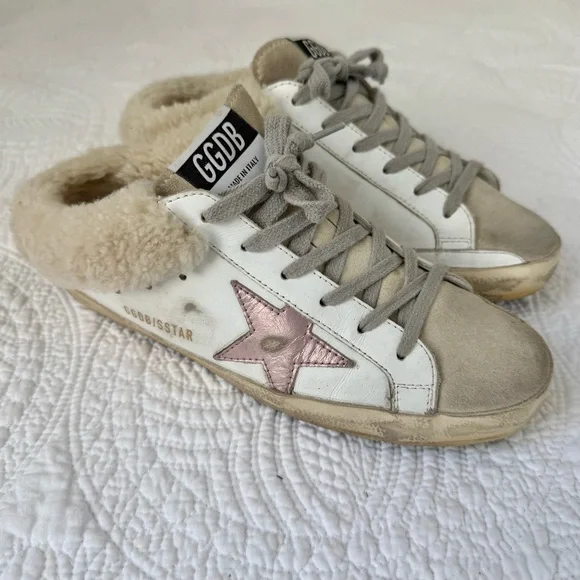 Golden Goose Super-Star Sabot Shearling Sneakers White Pink Star Women’s 7 - Picture 2 of 8